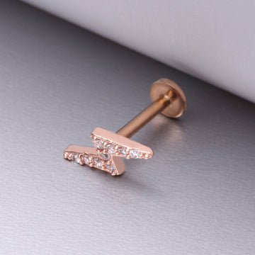 Detail View 1 of Rose Gold Lightning Bolt Sparkle Top Internally Threaded Steel Flat Back Stud Labret-Clear Gem